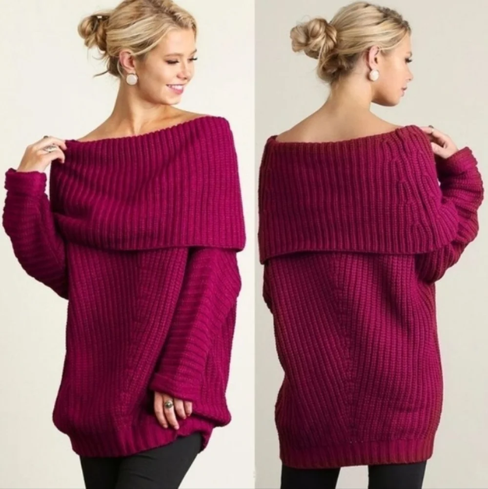 Umgee Fold Over Burgundy Oversized Knitted Sweater